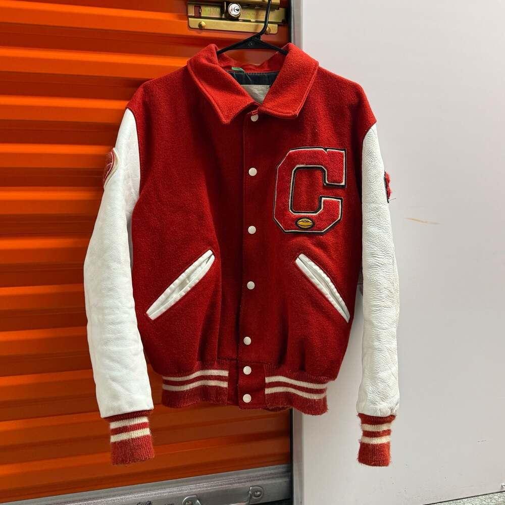 Vintage DeLong Sportswear Central Bobcats Red Wool & White Leather Varsity Jacke